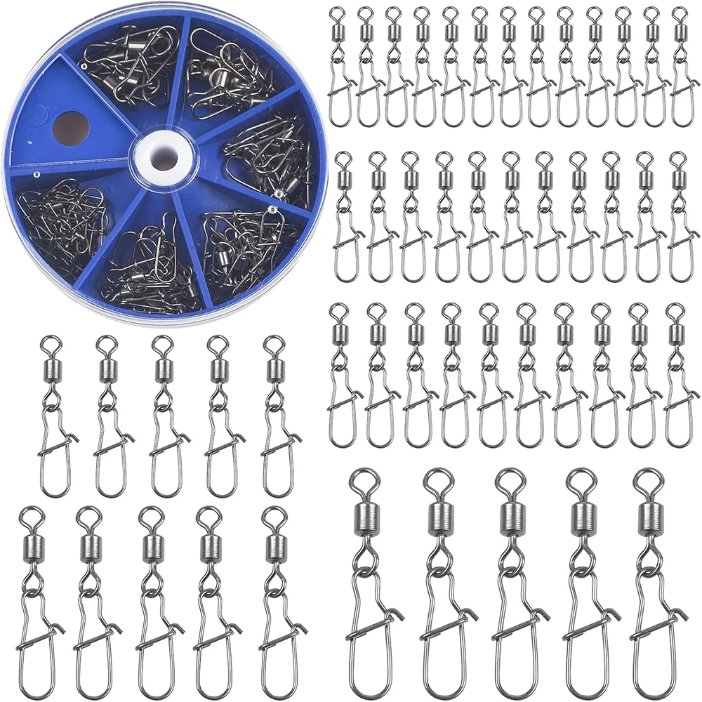 55Pcs Fishing Swivels Snap Rolling Barrel Swivels with Duo lock Clips Stainless Steel Quick lure Fishing Connector Tackle