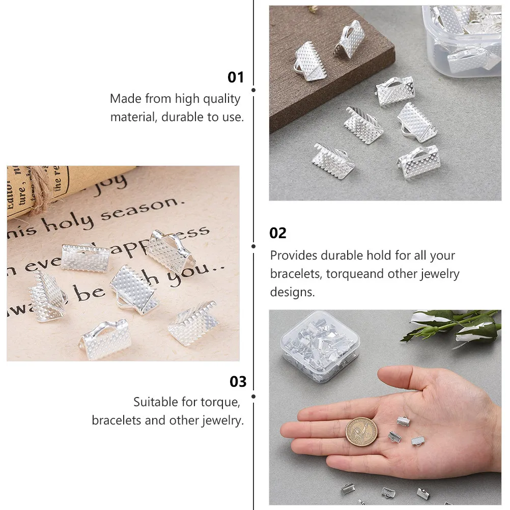 Juego de 100 piezas de hebillas de hierro para cintas, terminales de engarce para fabricación de joyas, pulseras DIY, accesorios de torsión, terminales de cordón, caja de almacenamiento.
