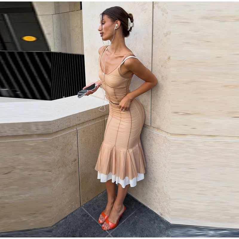 Mesh Overlay Lace Hem Slip Midi Dress Slim Spaghetti Strap Sheer 2026 Summer Elegant Women Bodycon Dress Retro Date Lady Gown