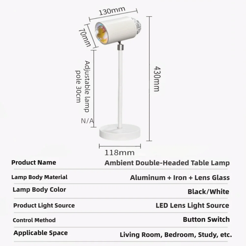 High Quality 16 Colors Water Ripple Lamp Dual-Head Design Button Control Sunset Lamp 360° Rotation Night Light Home Bedroom