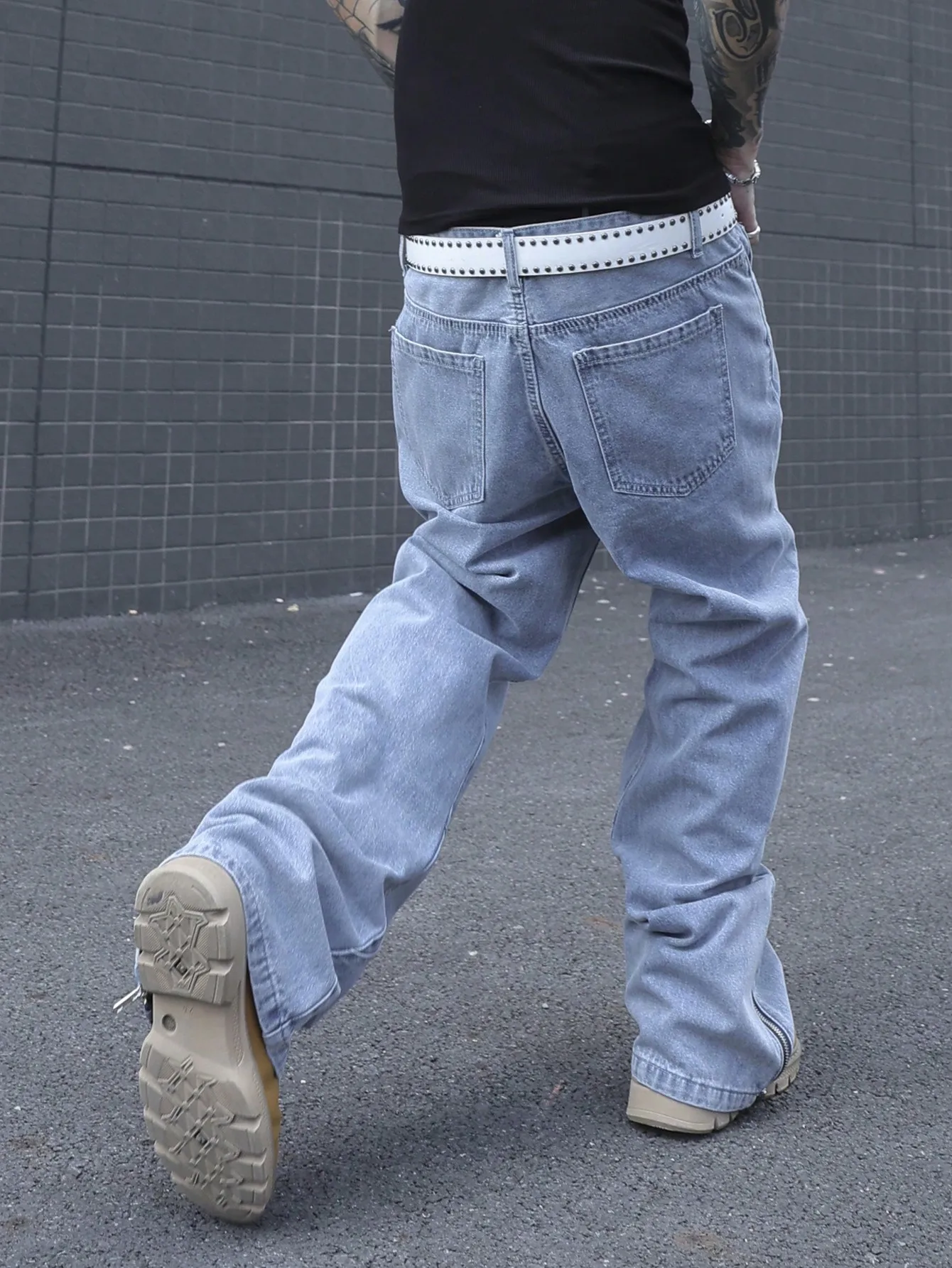 Men's High - Street Style Light Blue Patchwork Jeans, Zipper - Split Cuffs, Loose Slightly Flared Workwear Pants