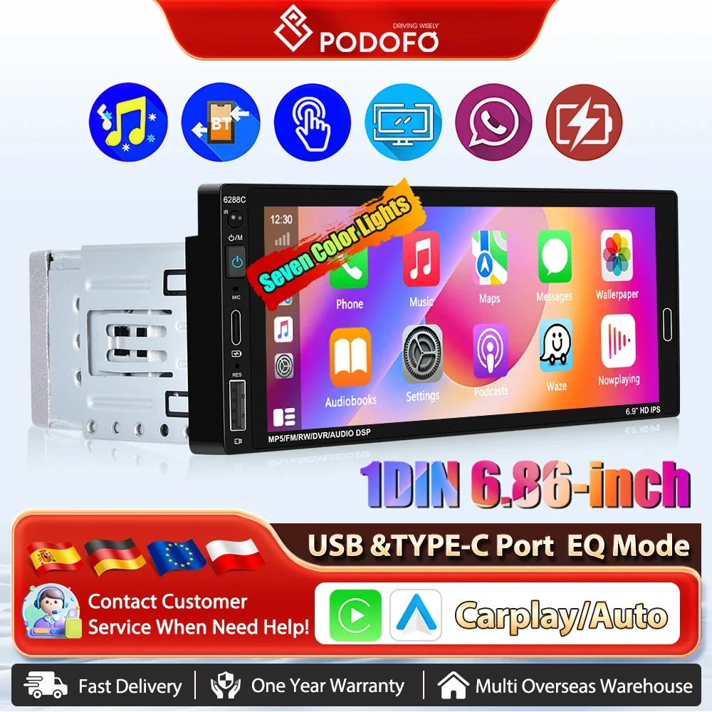 Podofo 1 Din Autoradio mit kabelgebundener CarPlay-Link, Bluetooth, Android-Auto, 6,86 Zoll Multimedia-Player, Autoradio-Musik-Player
