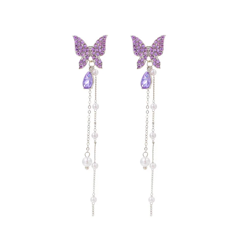 Pendientes de mariposa de cristal púrpura coreano con aguja de plata 925 para mujer, joyería para fiesta y boda, pendientes largos con borlas de perlas, regalos 2025