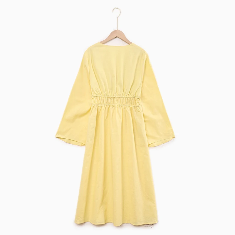 レディース タイ コットンリネン フロントカフタンワンピース 春新作 フレア ロングスリーブ ゴムウエスト ゆったりフィット バケーションワンピース