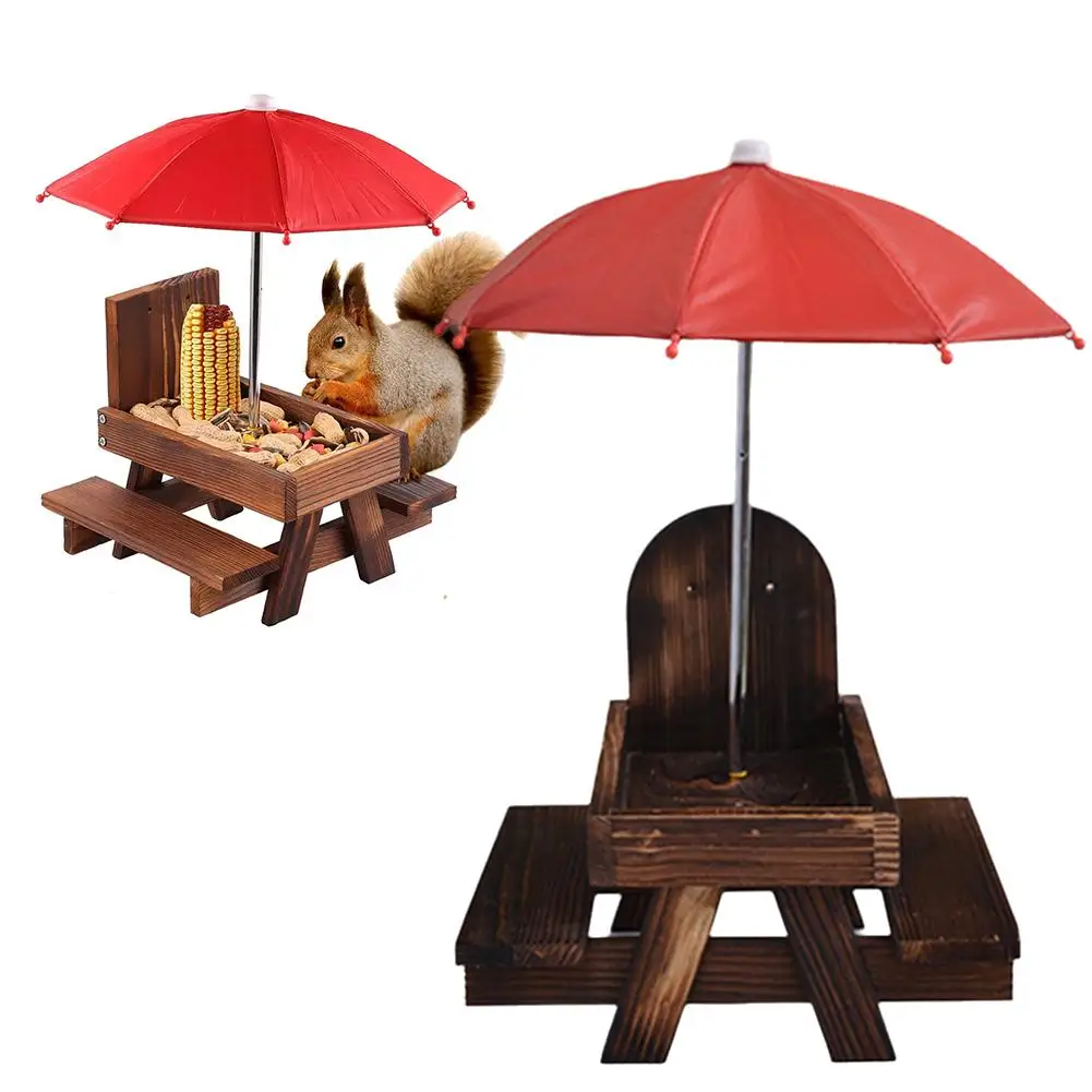 Wooden Squirrel Feeder Outdoor Courtyard Garden Decoration Pet Stool Picnic Table With Creative Umbrella Pendant Mini 18cm Q4G5