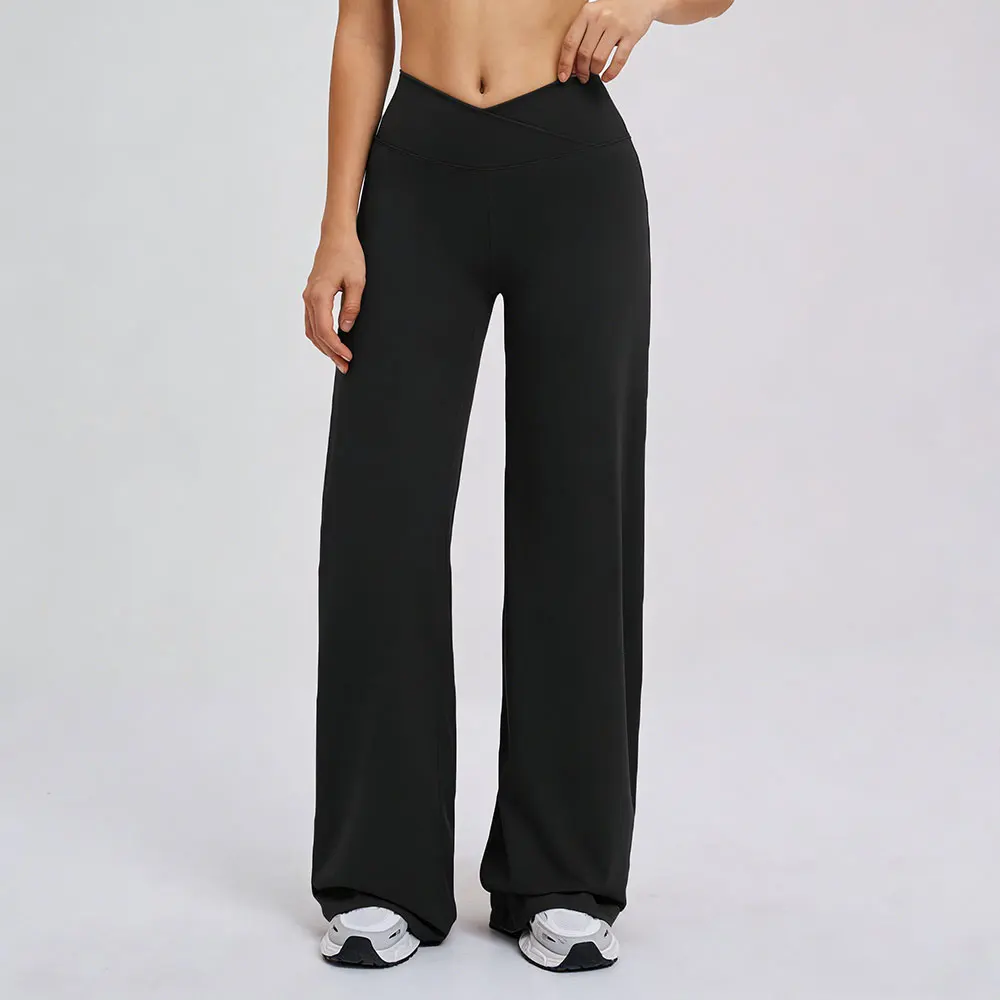 Relaxed Sporty Wide Leg Pants With Cross Waistband Loose Straight Trousers For Women Ideal For Running Fitness Pilates And Yoga