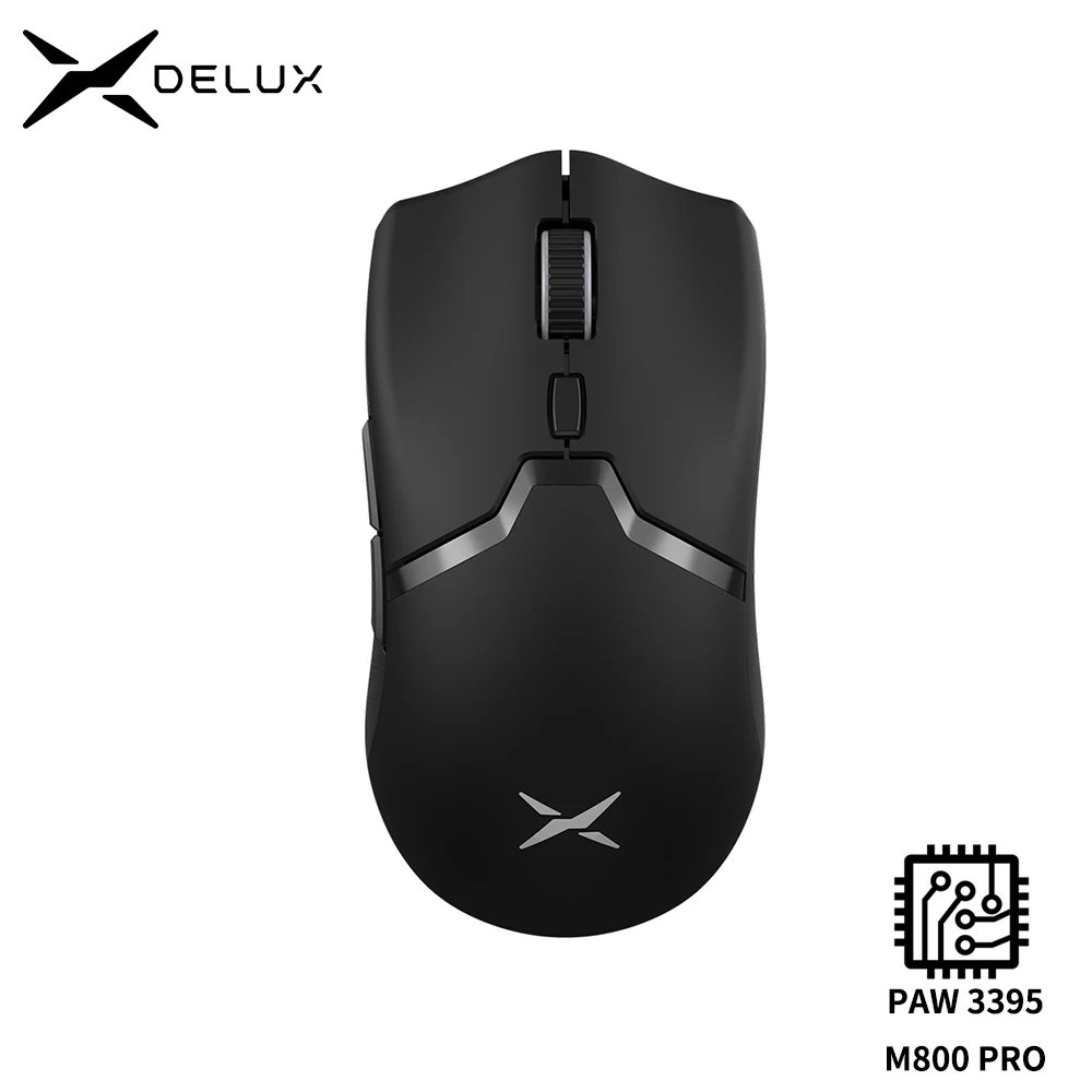 

Delux M800 PRO PAW3395 Беспроводная игровая мышь Bluetooth Трехрежимное соединение 26000 точек на дюйм Huano Розовые переключатели Макромы для ПК геймера