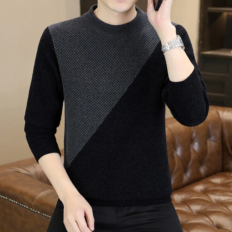 

Осенне-зимний утепленный мужской свитер с высоким воротником, модный, с цветными блоками, из хлопкового вельвета, с капюшоном, теплый, больших размеров