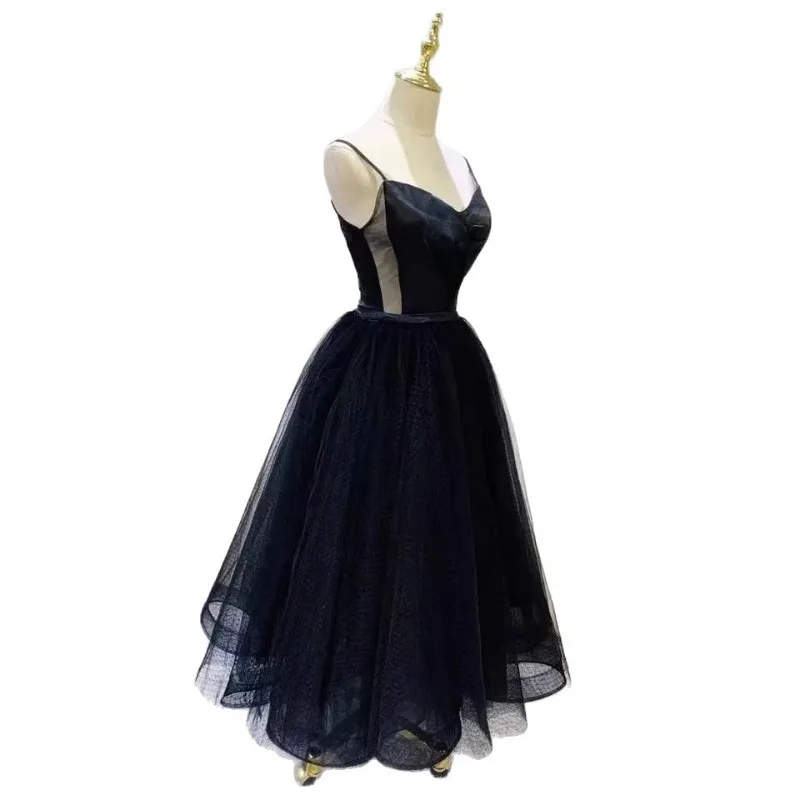 Black Hepburn Style Evening Dress 2025 New Suspender Banquet Temperament High-end One Shoulder Dress for Women To Look Slim