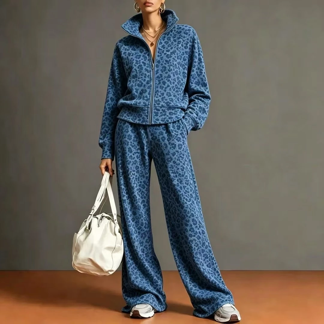 2026 Lady's Autumn-Winter New Style Retro Leopard Print Design Coat, Long Pants, Casual Yoga Set