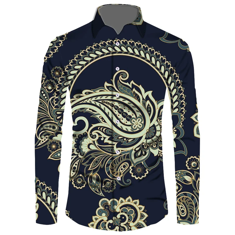 Fashion Men\'s Shirt Paisley Cashew Flower 3D Print Turn-down Collar Button Long Sleeve Tops Vintage Men Women Streetwear Clothes