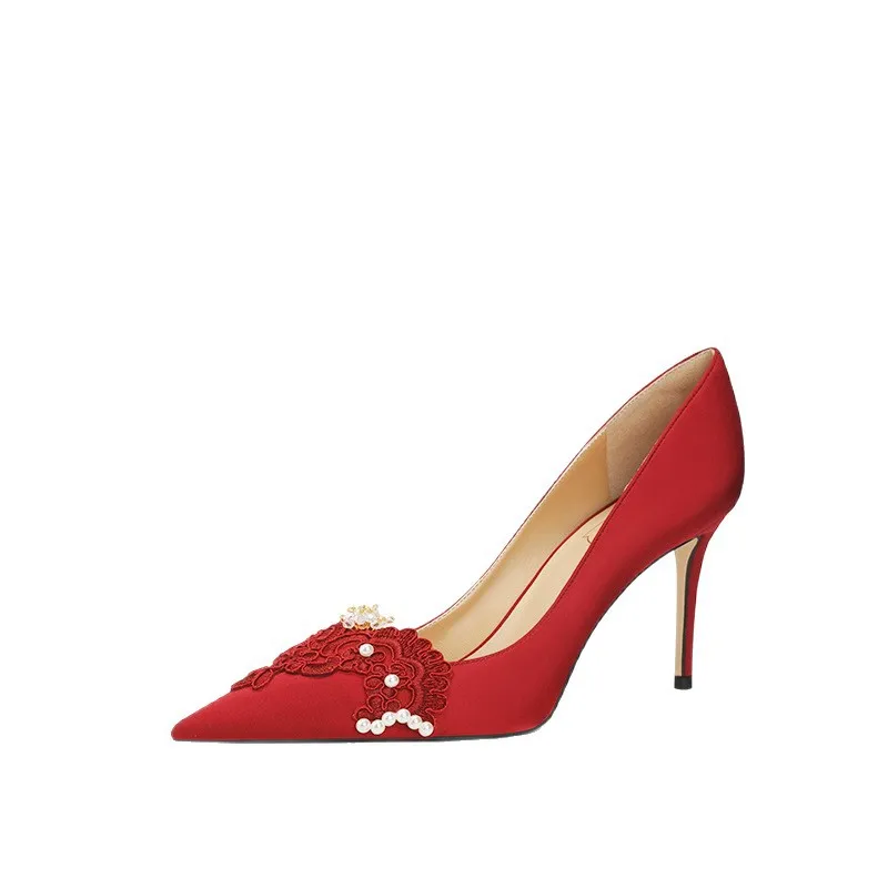 

2026 New Spring Red Feet Satin Stiletto French Bridal Heels Wedding Shoes Women