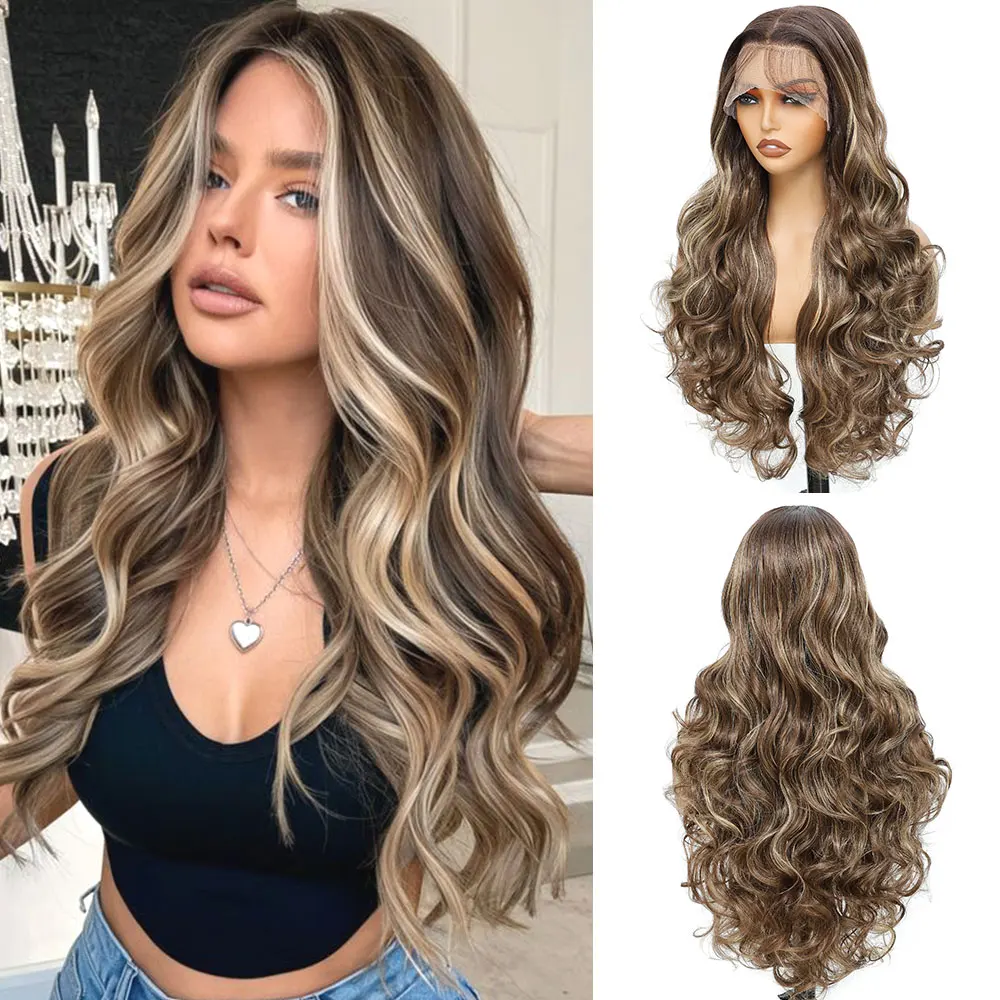 

30 Inches Transparent Lace Front Wig 13x4 Synthetic Wavy 4-12-613 Highlight 300 Grams Lace Frontal Wig With Baby Hair For Daily
