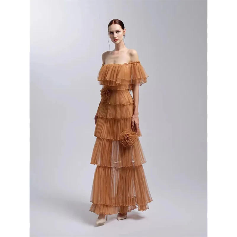 ผู้หญิง Slash คอปิดไหล่ชุดยาวฤดูใบไม้ผลิ Elegant Ruffle ชุดปาร์ตี้ฤดูร้อนแขนผีเสื้อ Boho Maxi ชุด