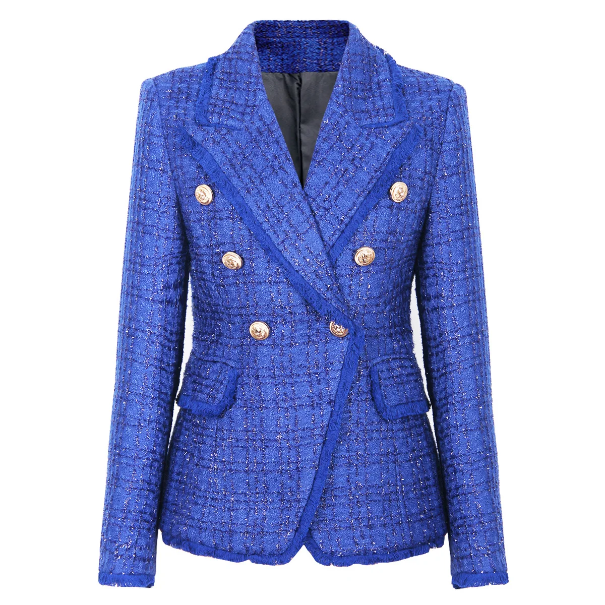 

2023 Spring Autumn Europe Style Women's High Quality Tassels Tweed Coat Blue Plaid Blazers Jackets C623