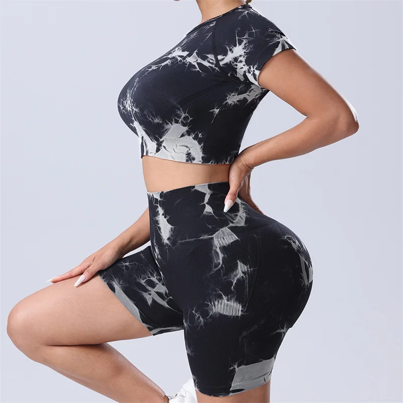 SVEIC Tie Dye Sports Yoga Shorts Sets Seamless Short Sleeve Women Sportswear Suits Fitness Training Running Workout Gym Clothing