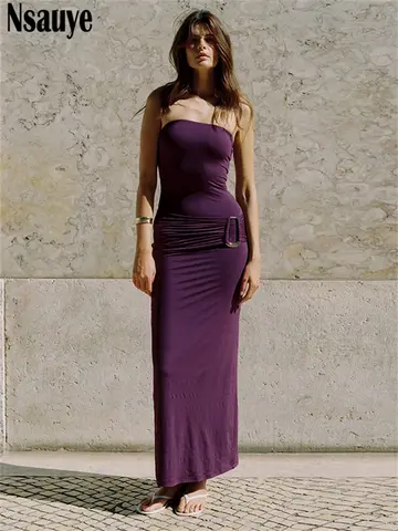 Nsauye Strapless Long Bodycon 세련된 새로운 패션 나이트 클럽 우아한 드레스 섹시한 랩 튜브 여름 파티 저녁 금속 버클 드레스