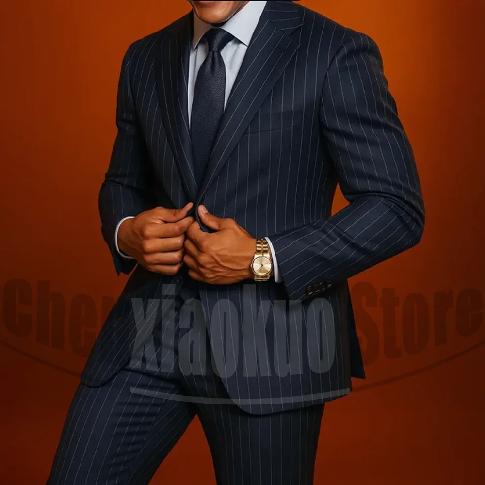 

Мужской темно-синий полосатый костюм, модный однобортный наряд с лацканами, деловые повседневные офисные костюмы из двух предметов