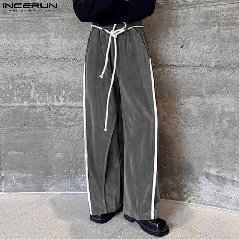 INCERUN 2025 Korean Style Trousers Fashion Men Straight Leg Pants Suede Drawstring Design Pantalons Casual Simple Male Long Pant