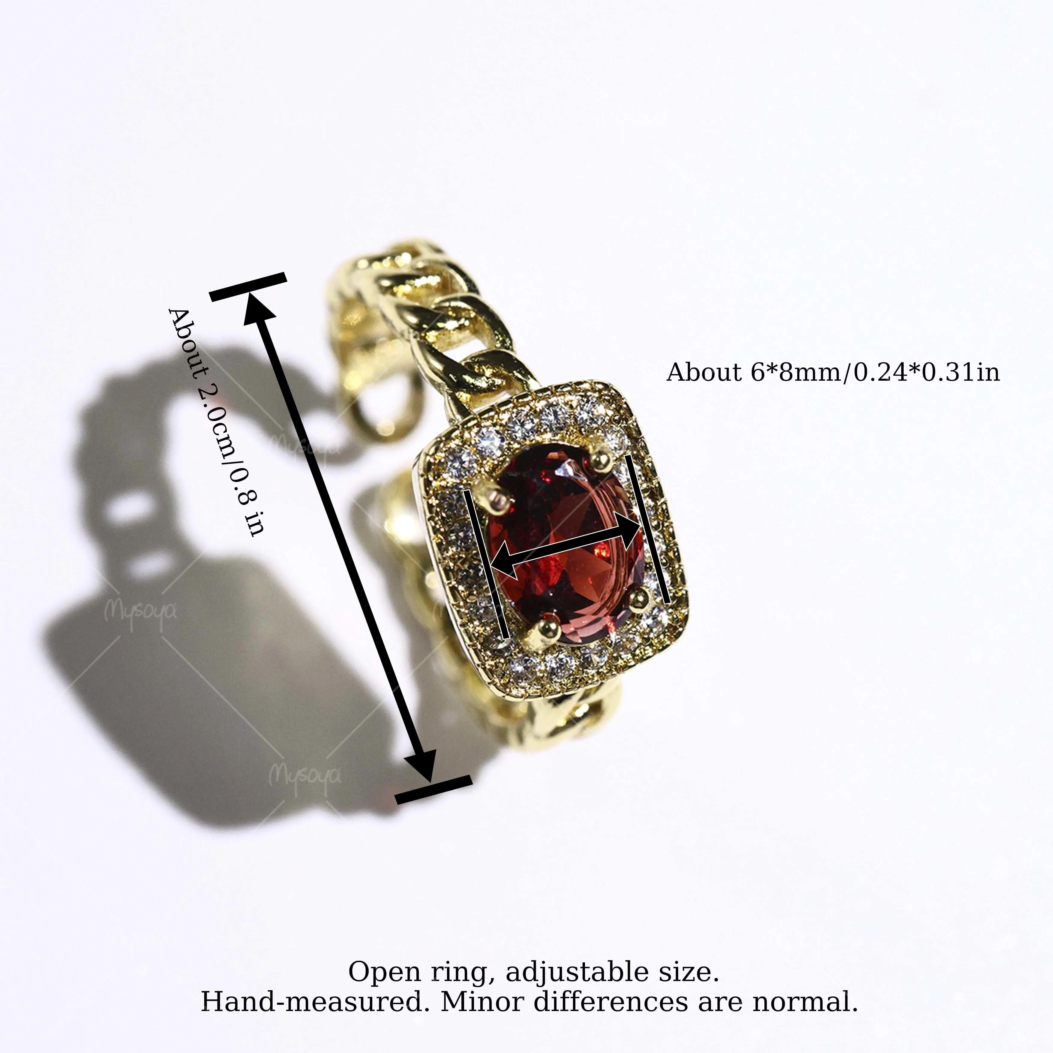 MYSOYA Gold Hollow Chain Ring with Natural Garnet, 6×8mm Garnet 1.48ct, Gift Box Included, January Birthstone SC27