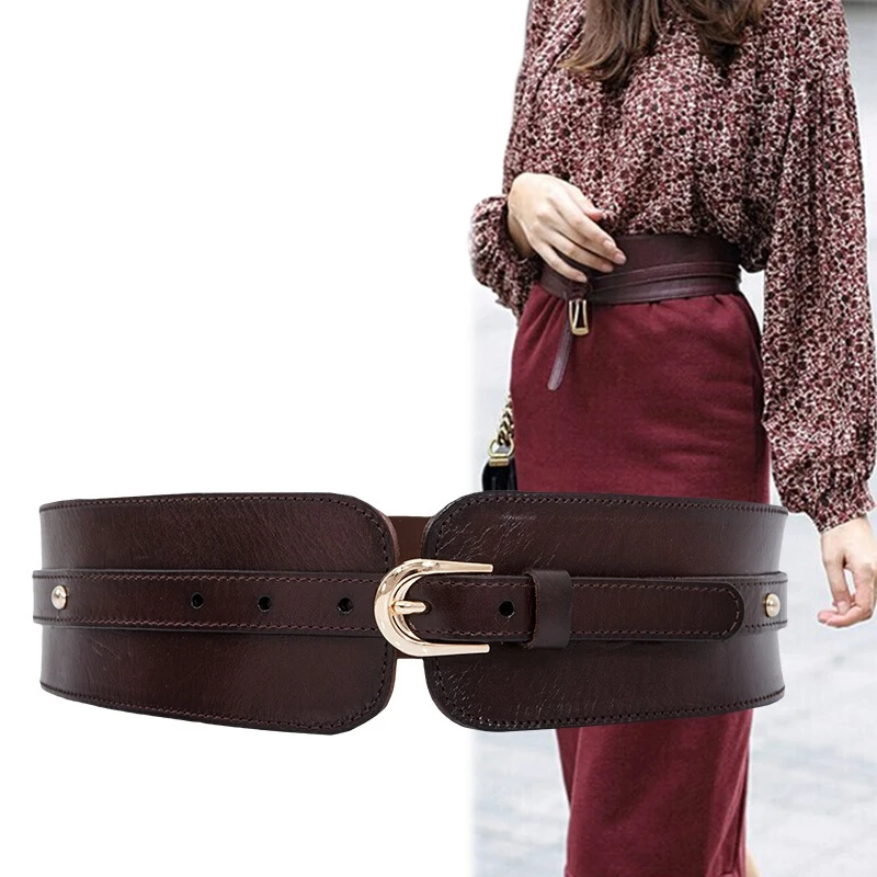 High Quality Black Wine Red Cowhide Wide Belt Women Decorative Elastic Waist Brown Matching Skirt Leather Dress Accessories