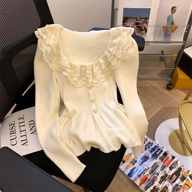 Slim High Waist Jumper Pullover Lace Doll Collar Patchwork Top Women Sweater Sueters De Mujer Knitwear Shirts New Spring Autumn