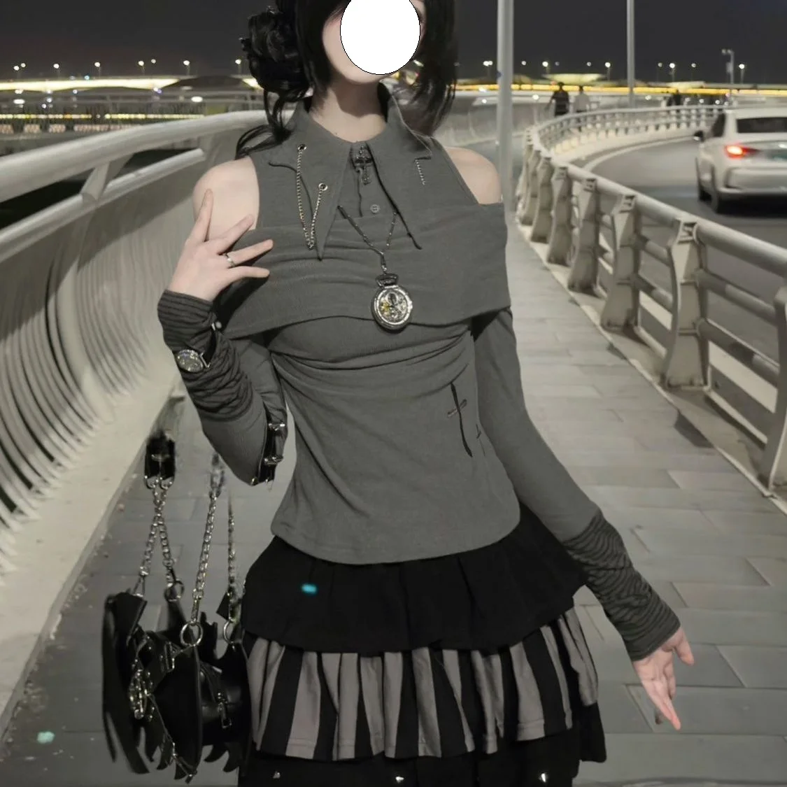 Long Sve oulder Bared Hollow out Y2K Cute Women's T-irt Autumn Winter Slim Fit One oulder Top Printed Design