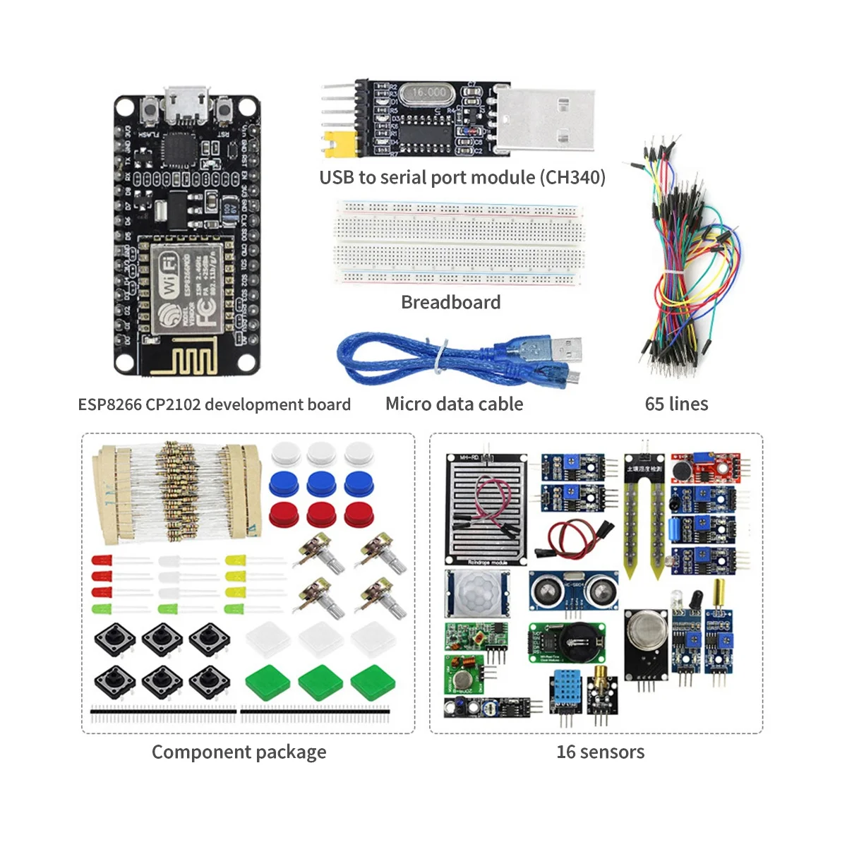 ESP-12E ESP8266 CP2102 Development Board+16X Sensors+Component Package+USB To Serial Port Module+65 Jumper+Bread