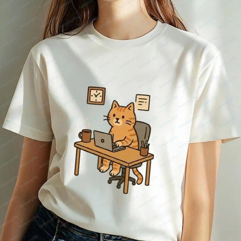 Cat Working Art Cute Office Cat Graphic T Shirts Feline Office Humor Style Cotton Short-sleeve Tees Summer Clothes for Women Men