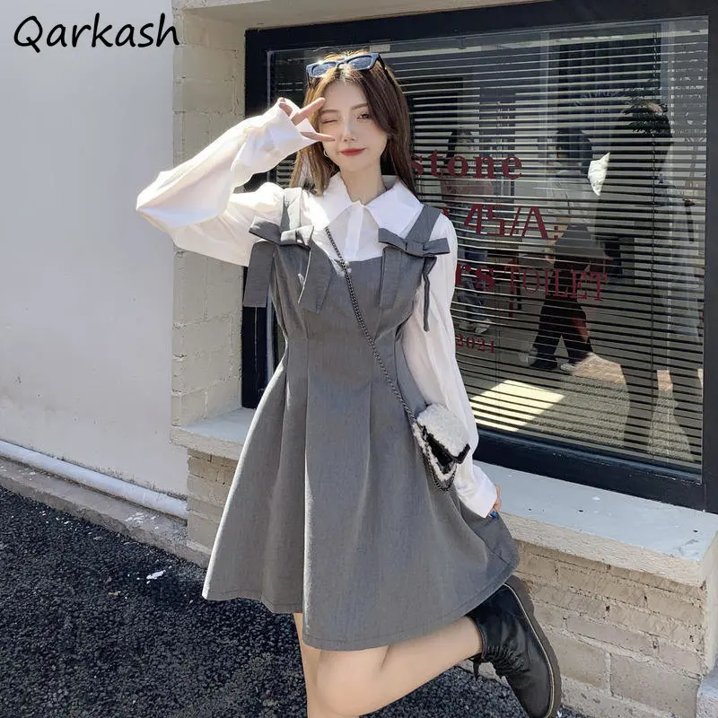 

Dresses Sets Women Preppy Aesthetics Bow Two Piece Solid Shirts High Street Elegant Korean Clothes Fashion Teens Hipsters Ins