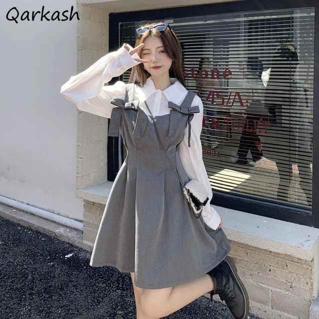 Dresses Sets Women Preppy Aesthetics Bow Two Piece Solid Shirts High Street Elegant Korean Clothes Fashion Teens Hipsters Ins