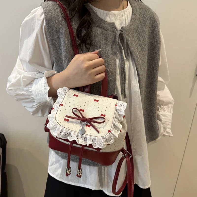 Fashion Sweet Lace Trimmed Drawstring Casual Backpack with Bow Detail,Top Handle Bag for Daily Use Girls Handbag Shoulder Bags