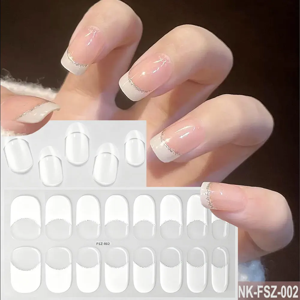 16Tips French Silver Glitter Edge Semi Cured Gel Nail Strips White French Tips Nail Wraps Full Cover UV Lamp Cured DIY Nail Art