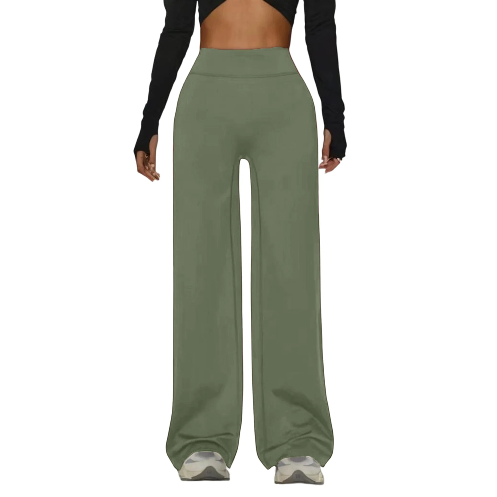 سراويل يوجا نسائية غير رسمية عالية الخصر مستقيمة الساق سراويل يوجا أنيقة ومتعددة الاستخدامات بلون واحد سراويل رياضية نسائية