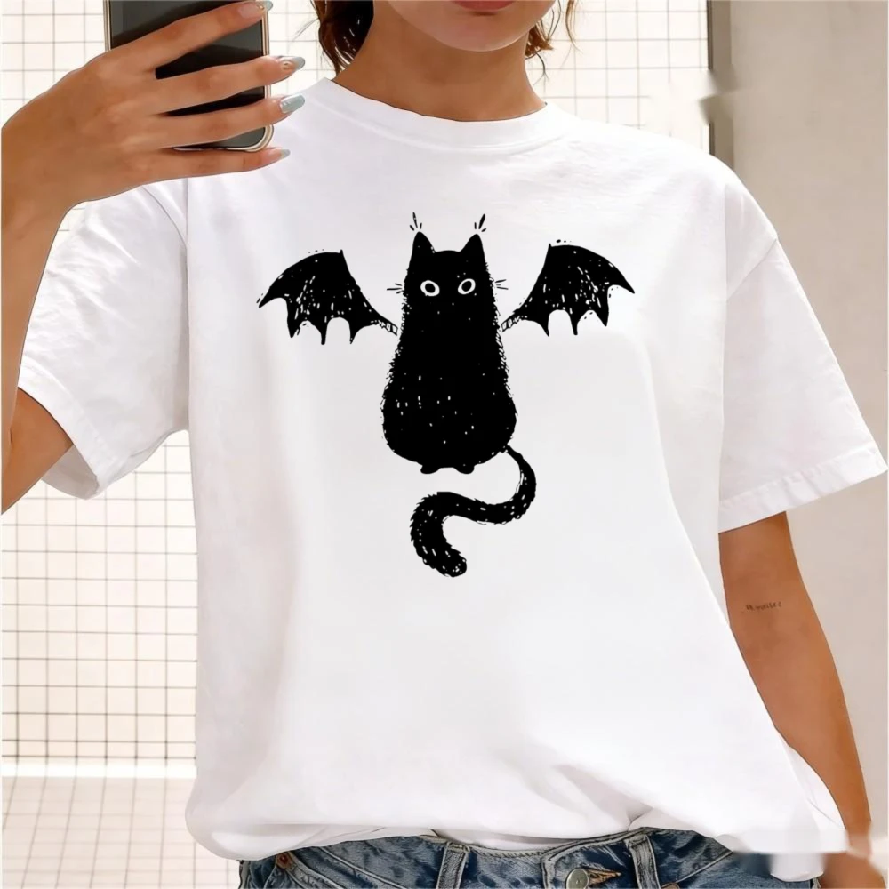 Cute Demon Black Cat Printed Tshirt Funny Cartoon Cat Tee Harajuku Style Retro Vintage Graphic T-Shirt Men Women Unisex Tops