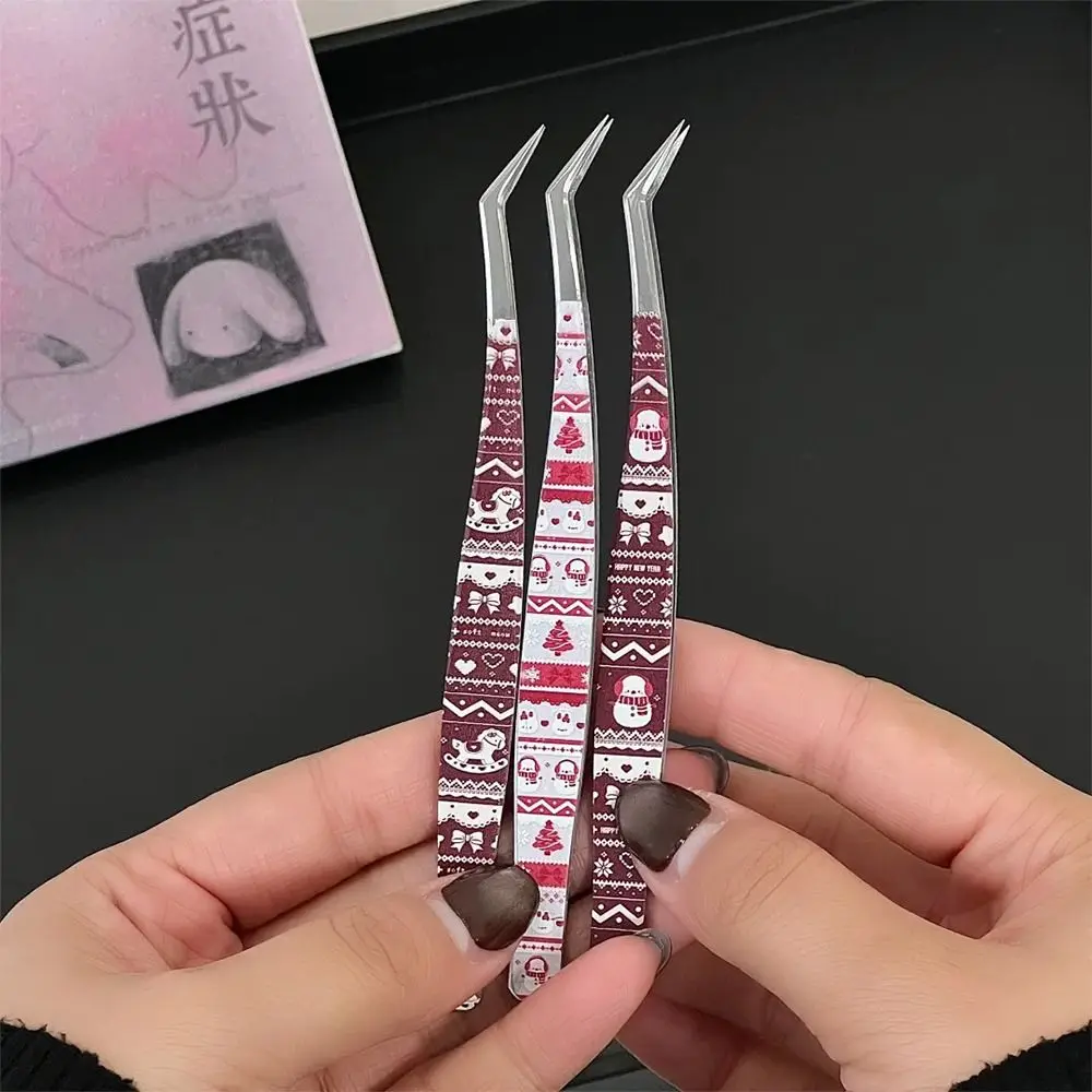 Metal Curved Stickers Tweezers Anti-static High Precision False Eyelash Tweezers Cartoon Bean Tweezers Beauty Makeup Tools