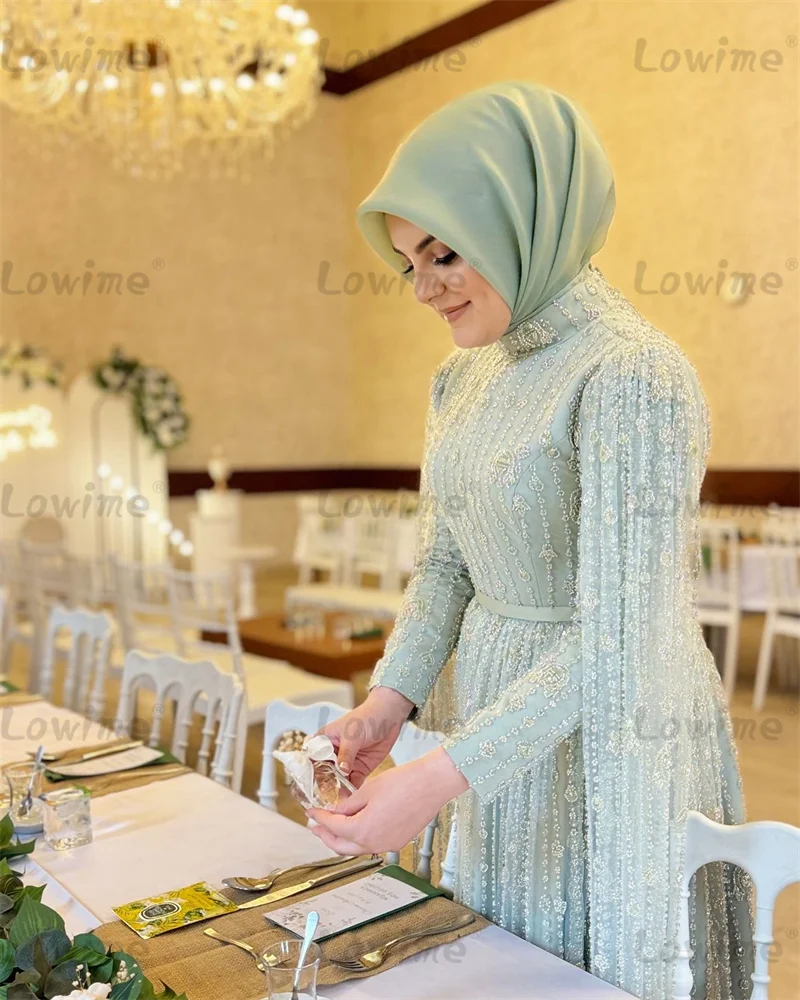 Mint Green Heavy Beaded Muslim Evening Dresses 2024 Arabic Dubai Cape Sleeves Bespoke Occasion Dresses For Wedding Party Prom