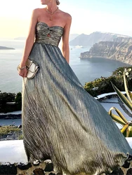 2022 Sexy Twist Strapless Hollow Out Long Dress Women Boho Elegant Bronzing Evening Dress Fashion Sleeveless A-Line Party Dress