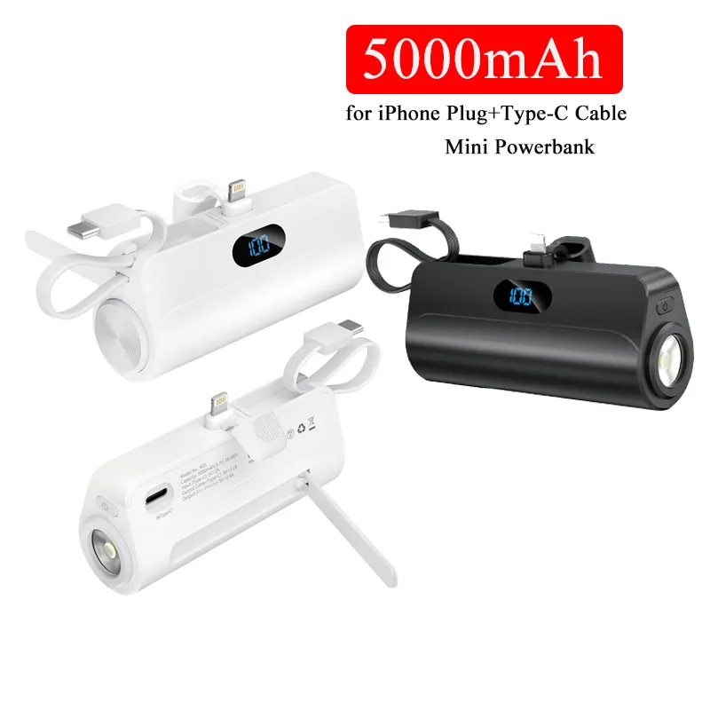 

Портативный внешний аккумулятор 5000 мАч с кабелем USB C со светодиодной подсветкой и быстрой зарядкой, внешний аккумулятор Powerbank для iPhone Xiaomi Samsung Huawei