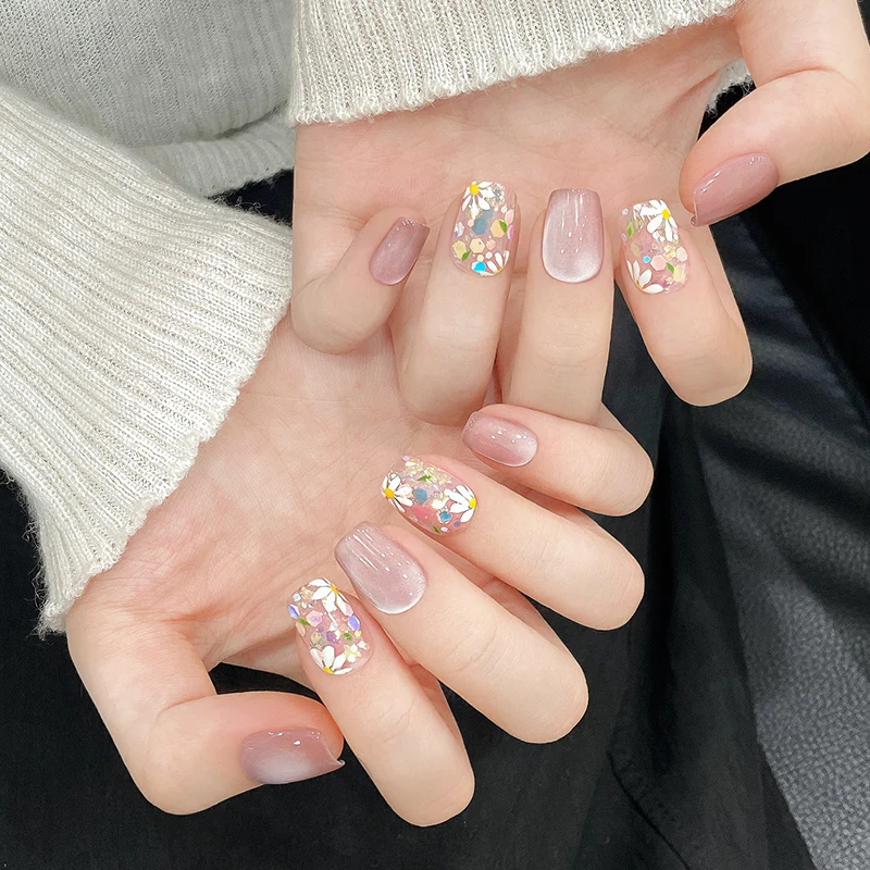 

SKY CLOUD 10pcs Handmade Fake Nail Summer Daisy False Nails Pink Cat Eye Full Coverage Wearable Manicure Reusable Press On Nails