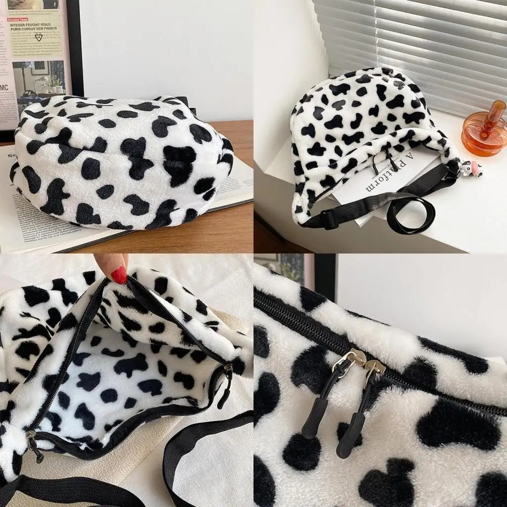 

D46D Cow Pattern Plush Shoulder Bag Plush Bag Crossbody for Daily Essential