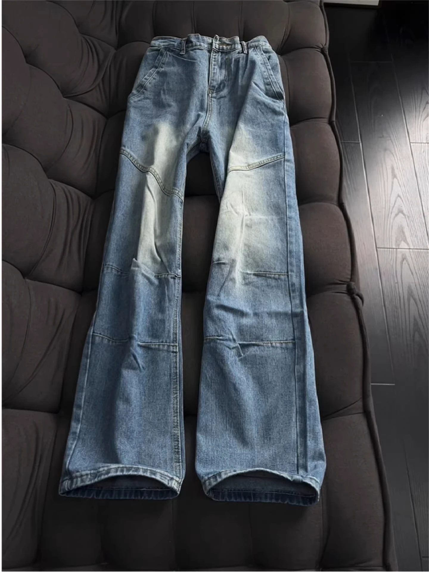 

Мужские джинсы в стиле американского ретро, с эффектом пошитых из разных материалов, в уличном стиле, зауженные, прямые, с легким расклешением, модель «нож», для работы