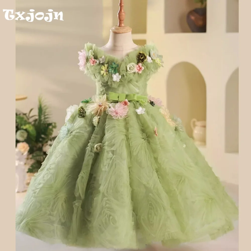 Girl's Green Ball Gown Flower Girl New Christmas Princess Dress Toddler Teens Child Vestido Wedding Party Birthday Clothes 3-16Y