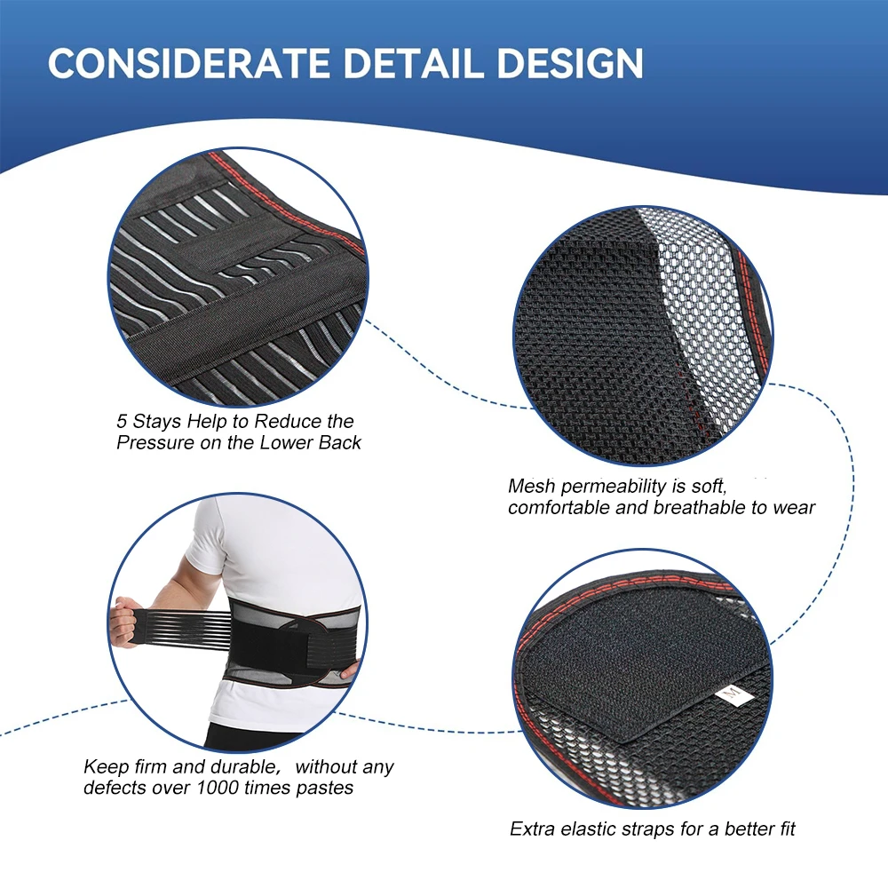 1PC Breathable Back Support Belt with 5 Stays,Anti-Skid Mesh Lumbar Brace for Men Women Lower Back & Sciatica,Office ,Daily Use