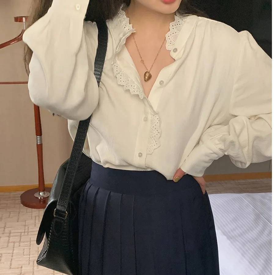 Chic Long Sve da donna irt coreano Sle delicato dolce versatile semplice eleganza pizzo finiture splicing traspirante delicato sulla pelle