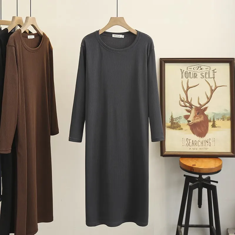 حجم كبير حجم كبير المرأة عادية كم طويل لون نقي فستان ميدي تنورة L XL XXL XXXL XXXL منتظم صالح القطن تخفيف نمط #4