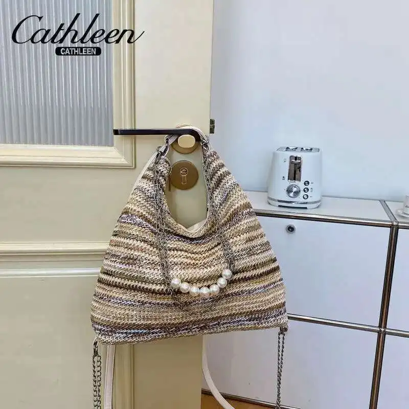 Versatile Bag Casual Bag One Shoulder Grass Weaving Lightweight And Fashionable Large Capacity Contrast Color Straw Braid Bag