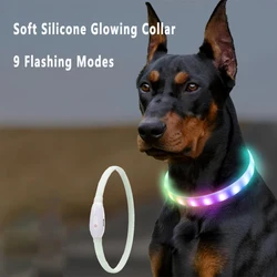 USB Rechargeable Glowing Collar for Large and Small Dogs LED Glowing Dog Collar 9 Flashing Modes Adjustable Soft Silicone Collar