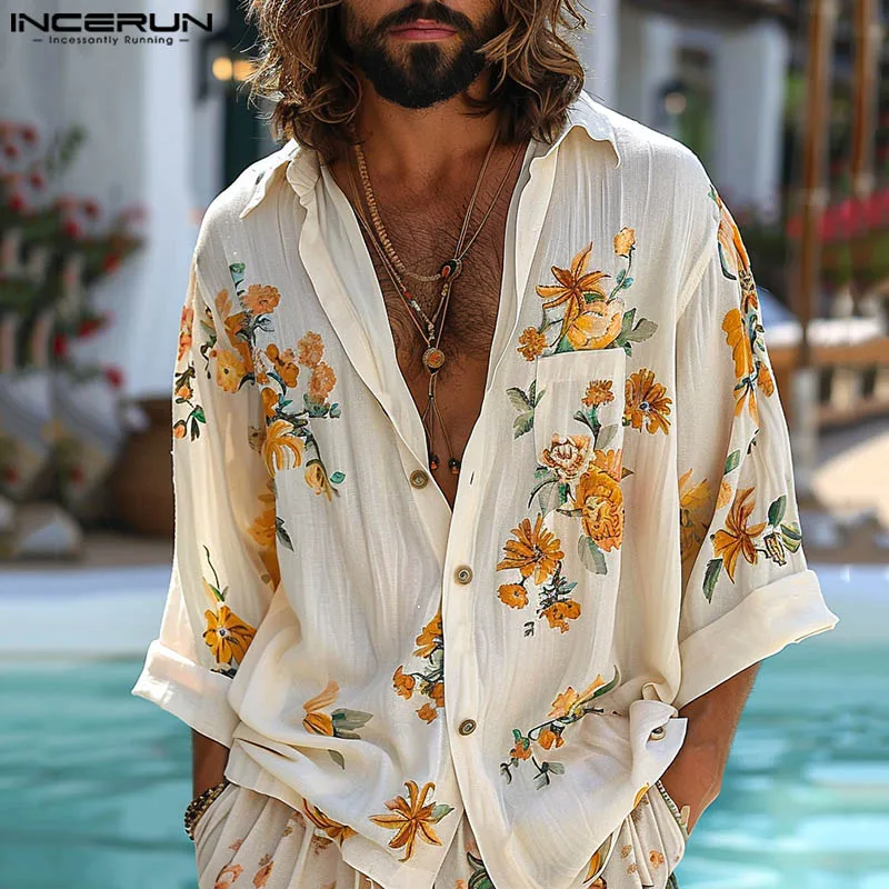 INCERUN Men Shirt Flower Printed Lapel Long Sleeve Button Steetwear Casual Men Clothing 2024 Loose Fashion Leisure Camisas S-5XL