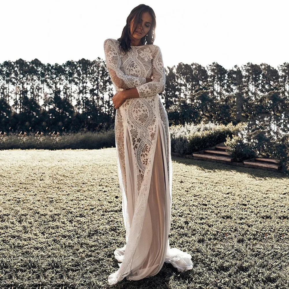 

White Women Dresses Socialite-style Round Neck Long Sleeve Printed Backless Lace Bridal Gowns Charming Elegant Wedding Dresses